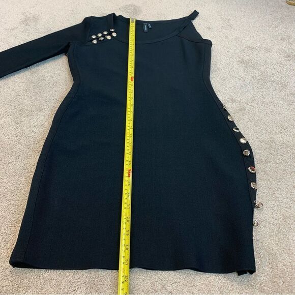 MARCIANO black one shoulder gold button bodycon bandage mini dress Sz L NWOT - Picture 9 of 11